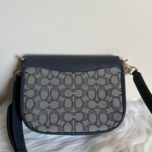 Coach Signature Jacquard Leather Saddle Bag Navy Blue Crossbody C4059 - Picture 2 of 8